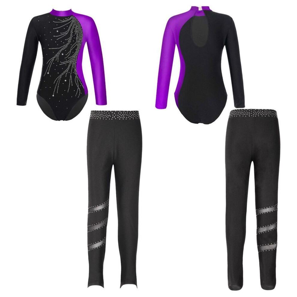 (purple,black, 9-10 Years) Kids Girls Children Skating Gymnastics Long Sleeve Leotards with Leggings for Dance Training Wear