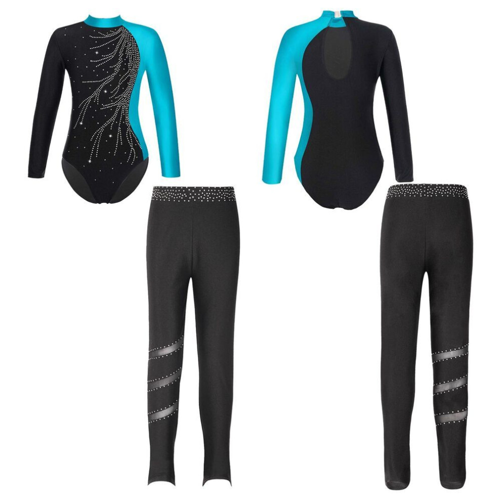 (lake blue,black, 5-6 Years) Kids Girls Children Skating Gymnastics Long Sleeve Leotards with Leggings for Dance Training Wear
