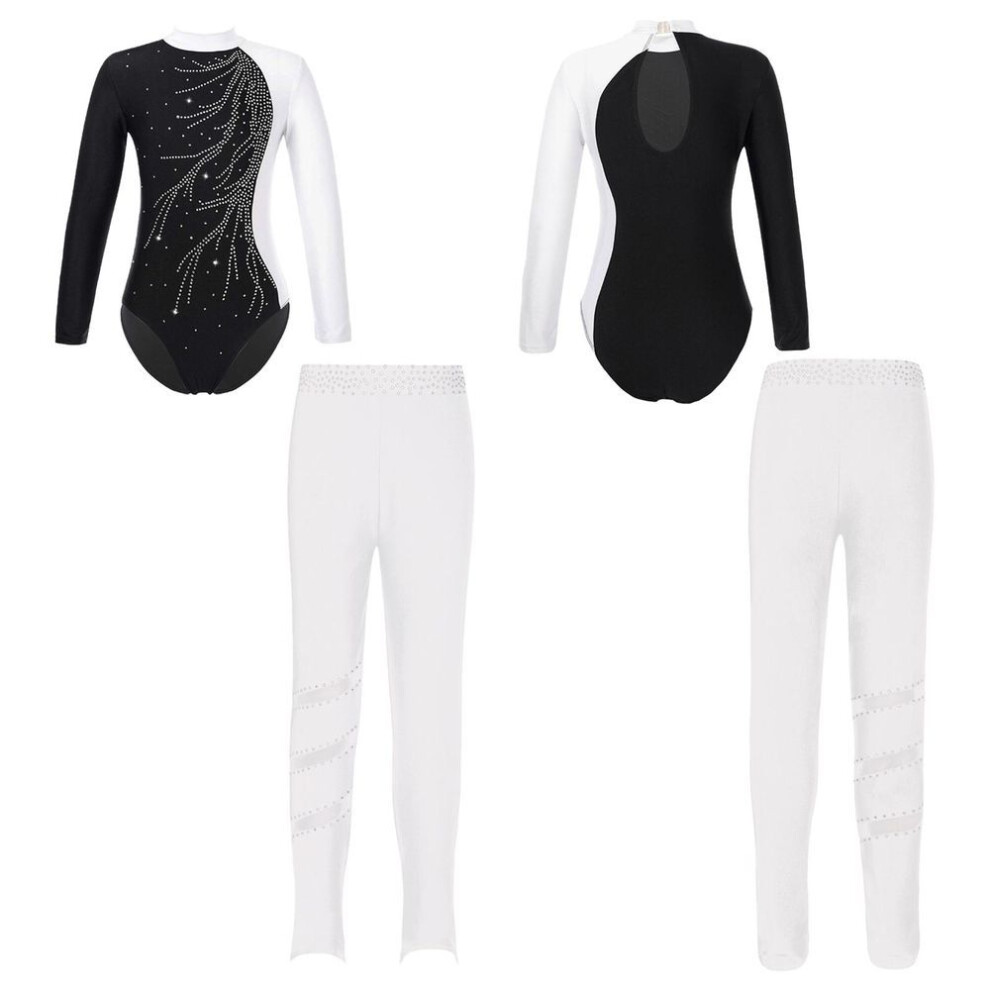 (white, 7-8 Years) Kids Girls Children Skating Gymnastics Long Sleeve Leotards with Leggings for Dance Training Wear