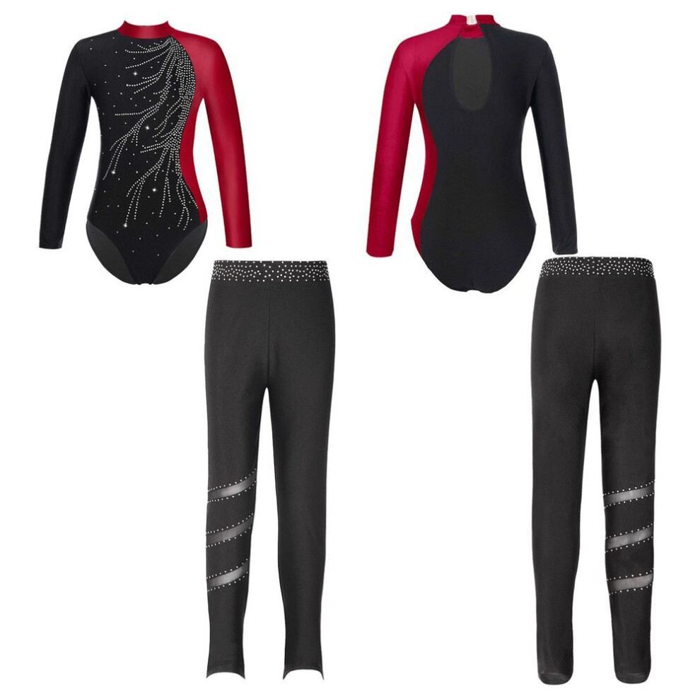 (burgundy,black, 9-10 Years) Kids Girls Children Skating Gymnastics Long Sleeve Leotards with Leggings for Dance Training Wear