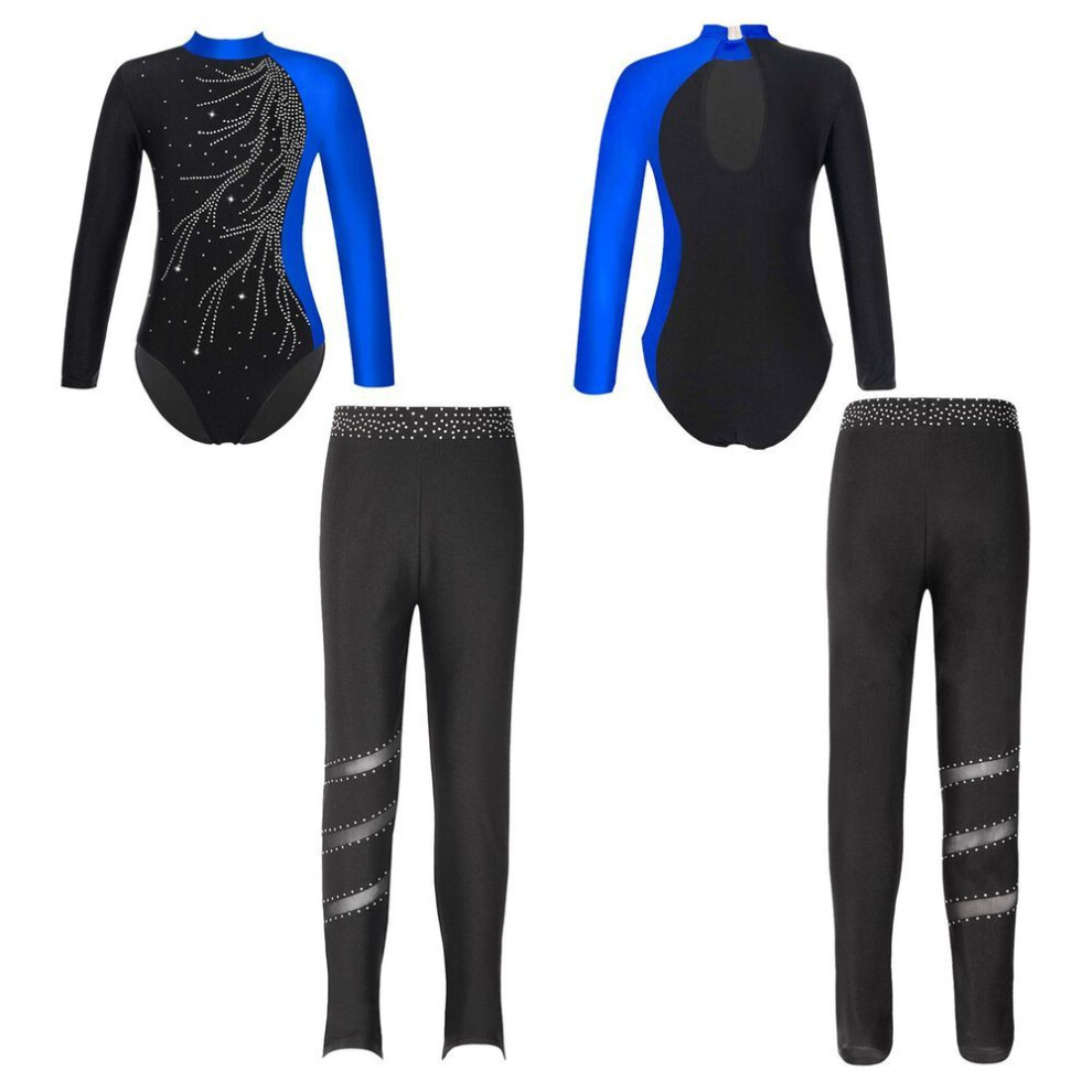 (blue,black, 11-12 Years) Kids Girls Children Skating Gymnastics Long Sleeve Leotards with Leggings for Dance Training Wear