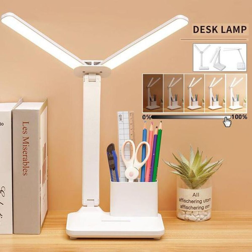 USB Rechargeable Table Lamp Adjustable Brightness Eye Protection Desk Light Touch Dimming Table Light LED Double-Head Desk Lamp With Holder