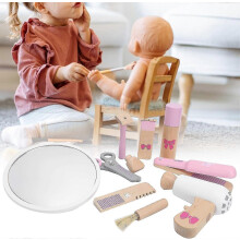 Kids Wooden Hairdressing Toy Set,pretend Hairdresser Kit Role Play Make Up Beauty Toys Simulation Hairdressing Tool Educational Toy for Girls(gb-pink