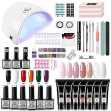 Acrylic powder and liquid kit with nail lamp - Pink, white and clear powder, monomer, cuticle oil, manicure accessories