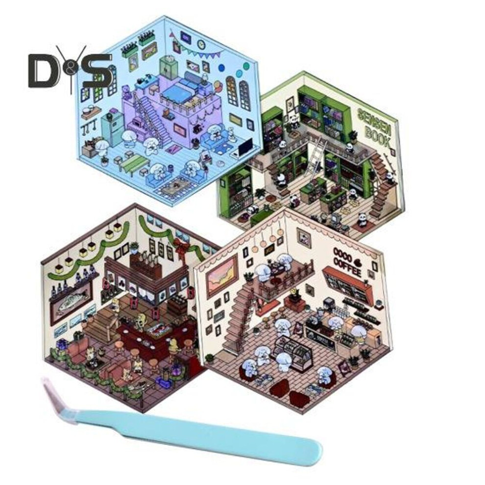 (as the picture, B) 4 Sets Diy 3D House Stickers With Tweezers Relief Stress Landscaping Stickers Sun Room Library Cat Cafe Bakery Phone Laptop Decor