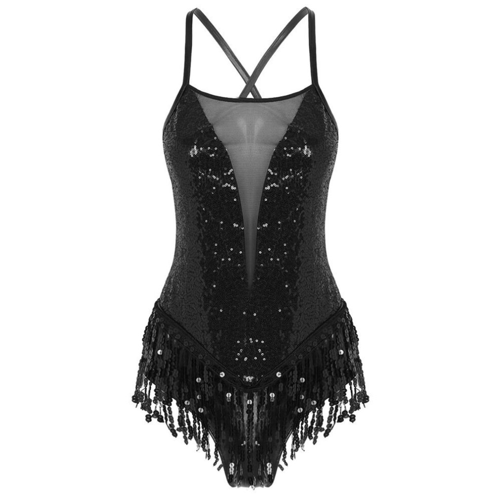 (black, XXL) Women Dance Dress Sparkling Sequins Fringed Leotard Latin Salsa Ballroom Dancing Bodysuit