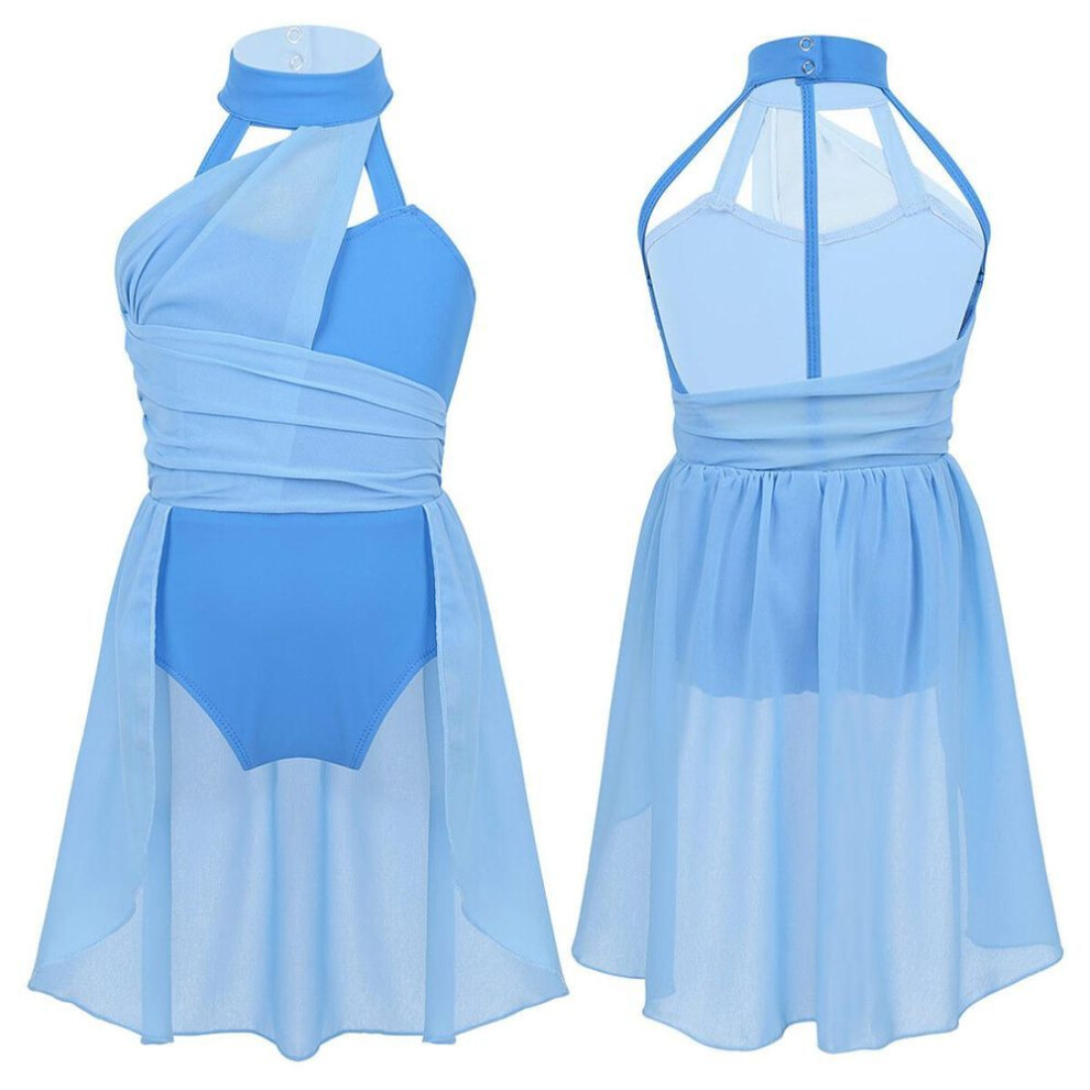 (light blue, 8-10 Years) Kids Girls Sleeveless Cutout Back Lyrical Dance Chiffon Leotard Dress Skating Costume