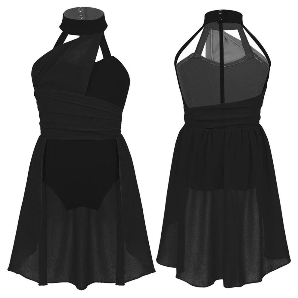 (black, 8-10 Years) Kids Girls Sleeveless Cutout Back Lyrical Dance Chiffon Leotard Dress Skating Costume