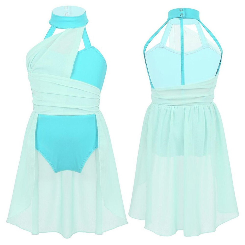 (mint green, 12-14 Years) Kids Girls Sleeveless Cutout Back Lyrical Dance Chiffon Leotard Dress Skating Costume