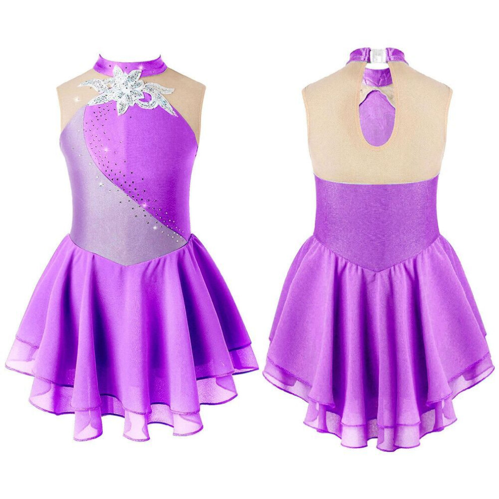 (purple, 13-14 Years) Figure Skating Dresses For Girls Shiny Rhinestone Gymnastics Leotards Girls Ballet Dance