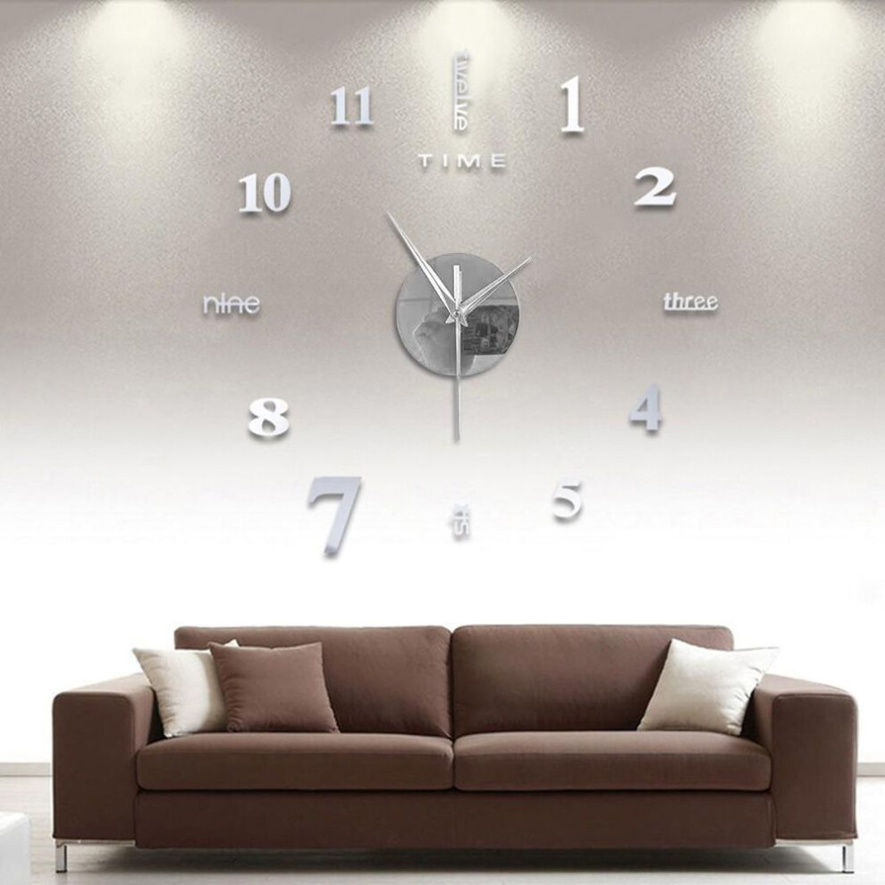 (silver) Frameless DIY Wall Mute Clock 3D Mirror Surface Sticker Home Office Decor