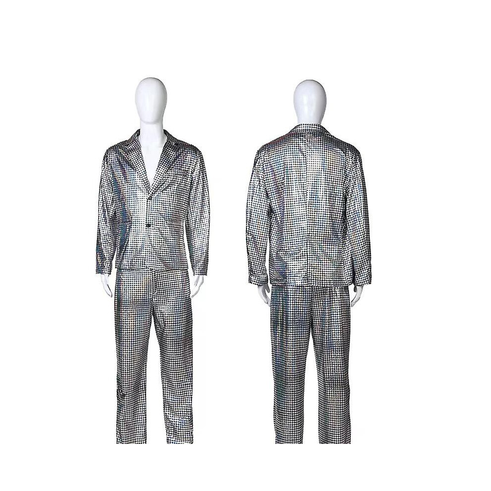 (M, Silver complete set) Men&#39;S Rainbow Plaid Gold Silver Bronzing Stage Nightclub Cool Performance Shiny Suit -JXLGV-image-OPC-PG62J7B-NEW