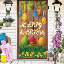 (B)Easter Door Curtain Cute Bunny Easter Eggs Holiday Scene Setting Porch Patio Decoration Door Cover Flye256321