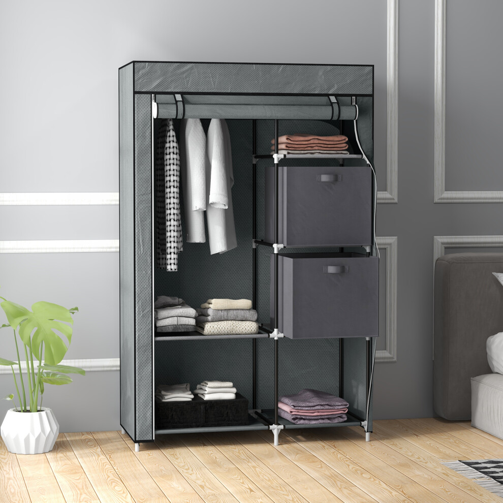 Homcom Fabric Portable Wardrobe With 2 Fabric Drawers, Hanging Rail, Grey