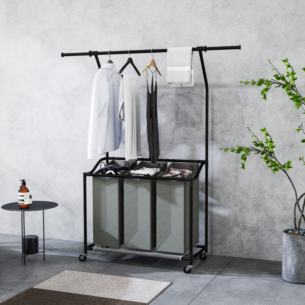HOMCOM 126L Laundry Sorter, Laundry Basket with 3-Bag Organiser, Dark Grey