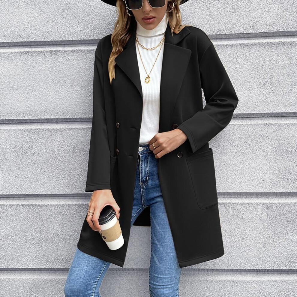 (black, L) Women&apos;s Jacket Autumn Medium-length Cardigan Double-breasted Knitted Blazer