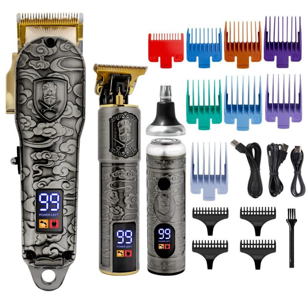 (grey) Professional Hair Clippers For Men 3 Set Barber Clippers For Hair Cutting Kit Lcd Display Hair Trimmers Set Rechargeable Haircut Machine For Family