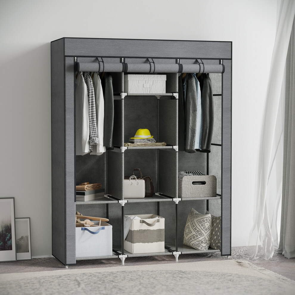 HOMCOM Fabric Portable Wardrobe with 8 Shelves 2 Hanging Rails, Grey-image-OPC-PG62X2G-NEW