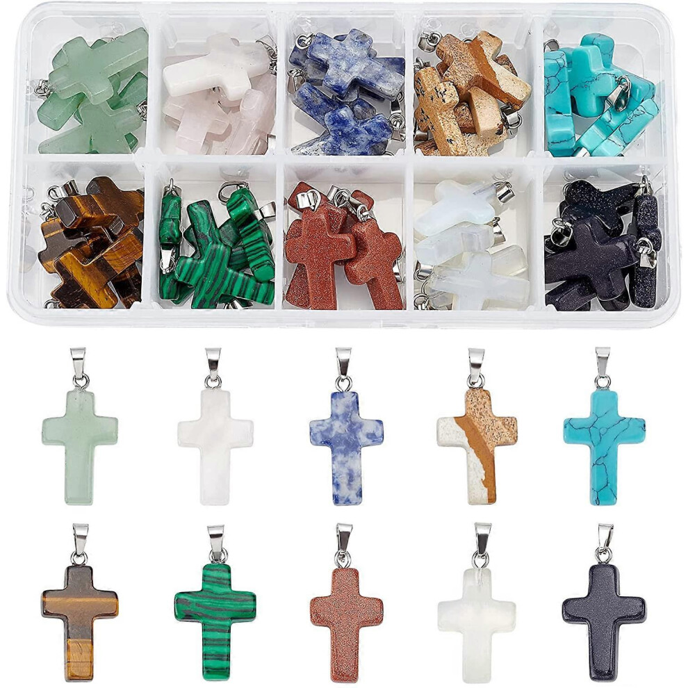(As show, One size) 50pcs 10 Color Stone Cross Gemstone Pendants Charms Cross Quartz Charms for Necklace Earring Bracelet Jewelry Making