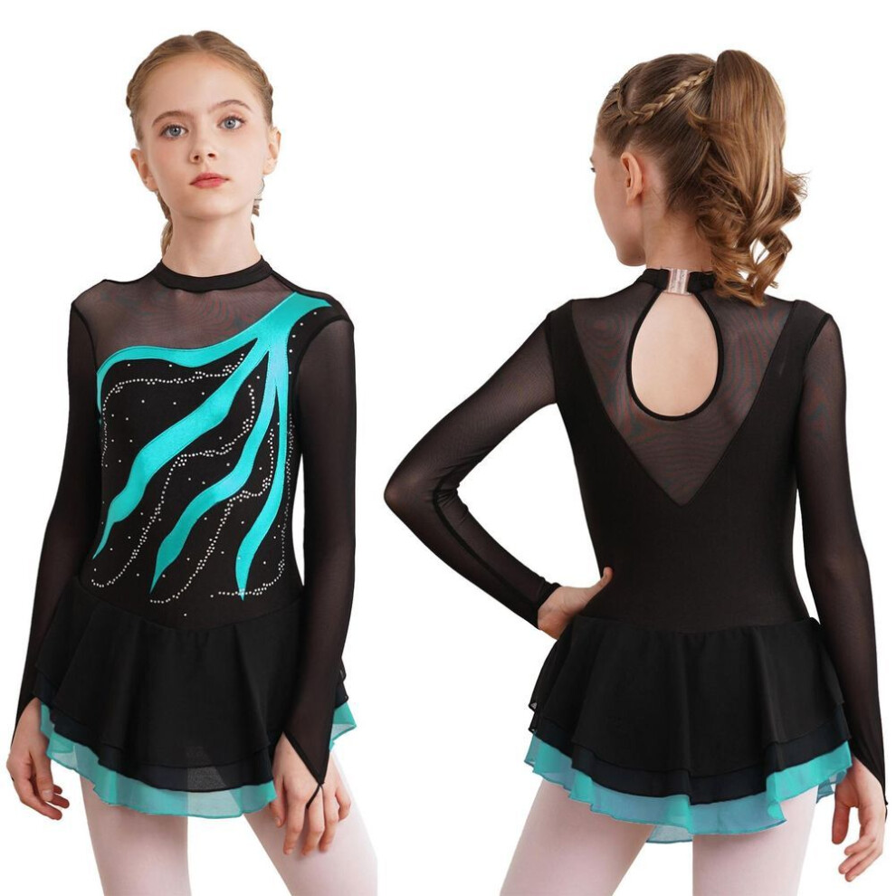 (lake green, 15-16 Years) Children Girls Figure Skating Ballet Dress Rhinestone Decorated Leotard For Athletic Performance Dance Wear