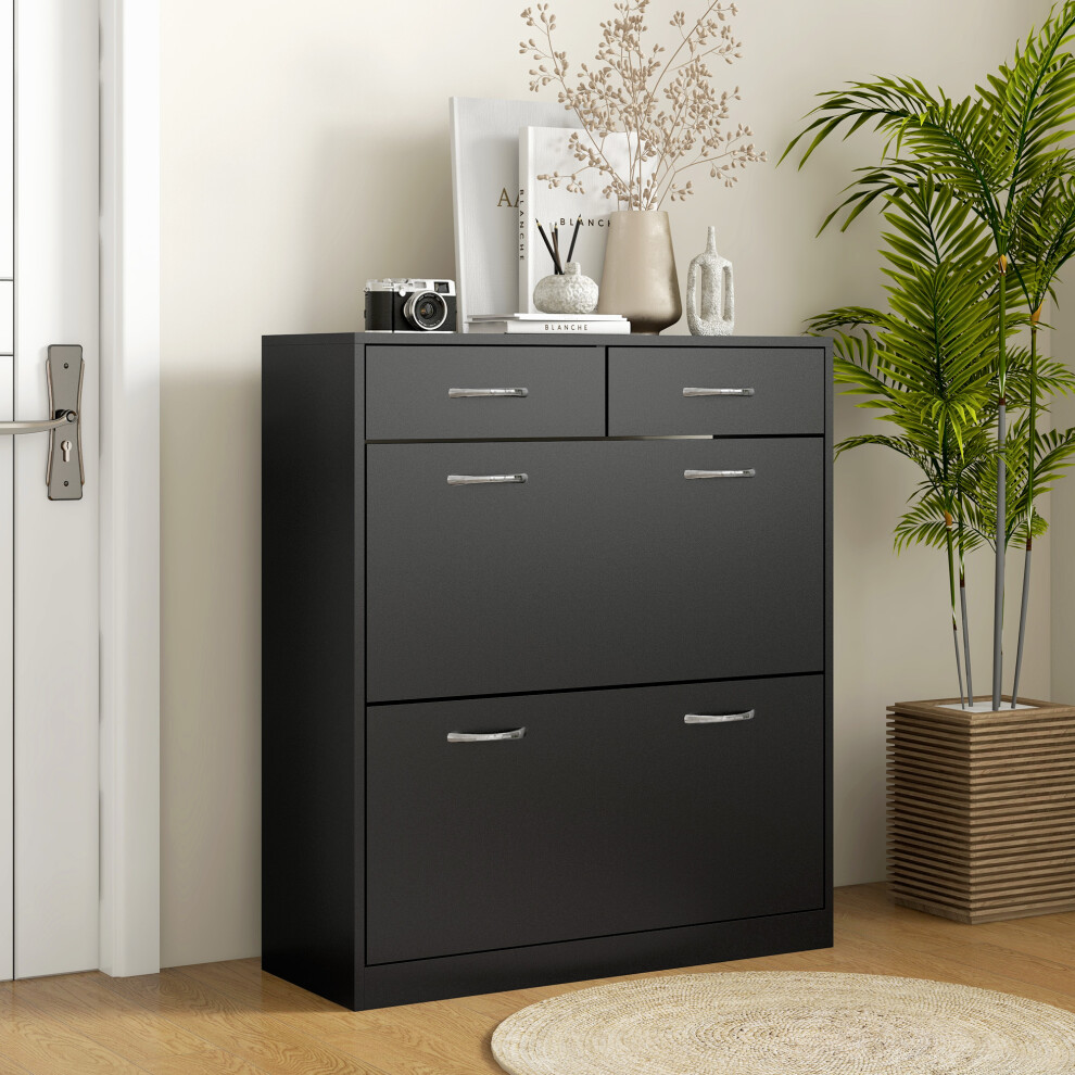 HOMCOM Slim Shoe Cabinet With 2 Flip Drawers For 12 Pairs Of Shoes Black