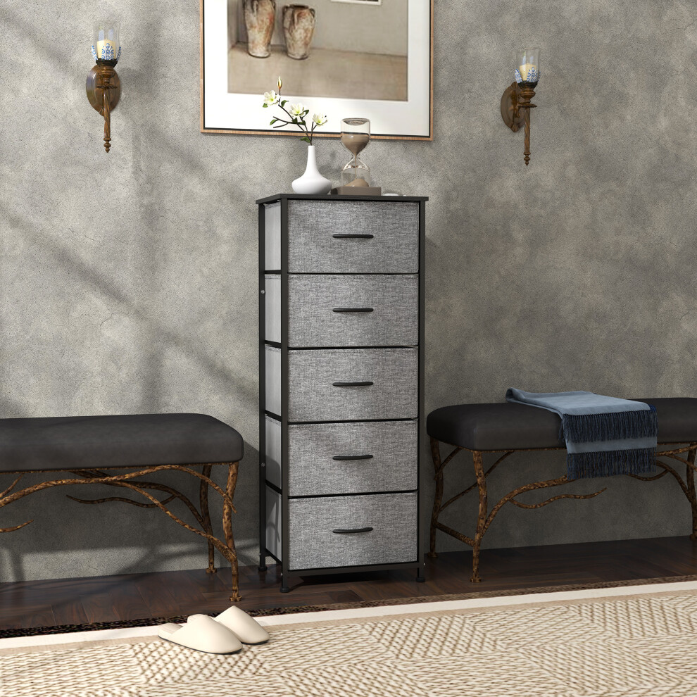 Homcom 5 Drawer Fabric Chest Of Drawers W/ Wooden Top For Hallway Grey
