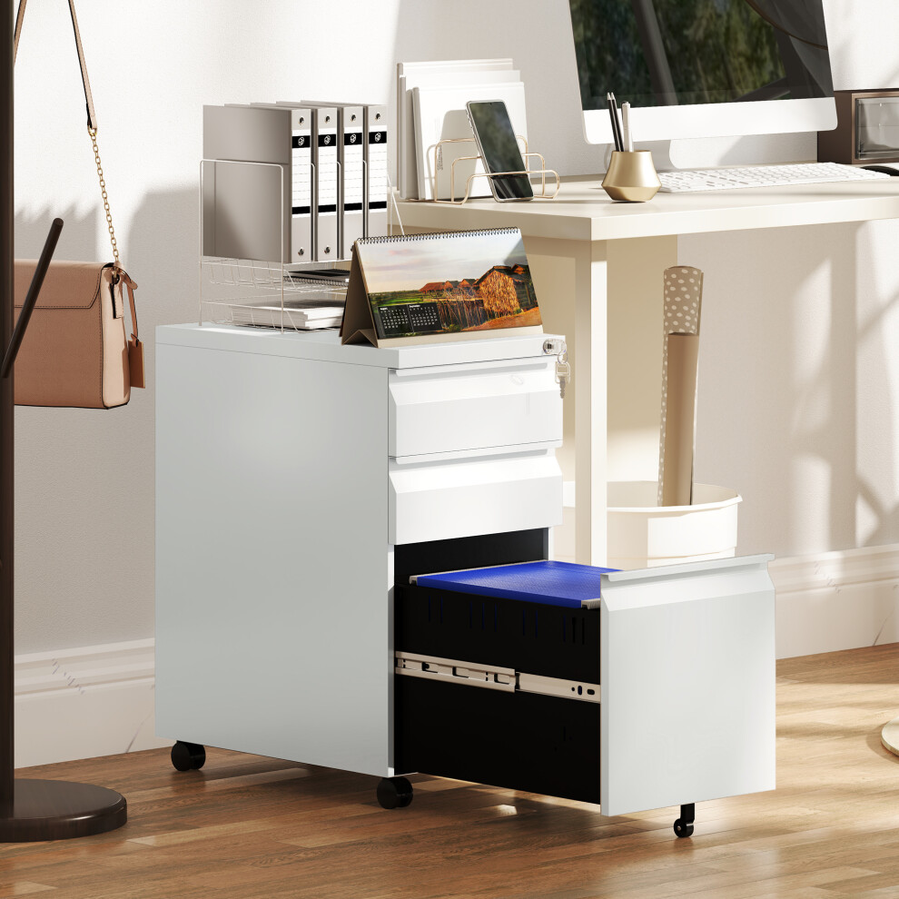 Vinsetto Steel File Cabinet with Lock and Wheels for Home Office, White