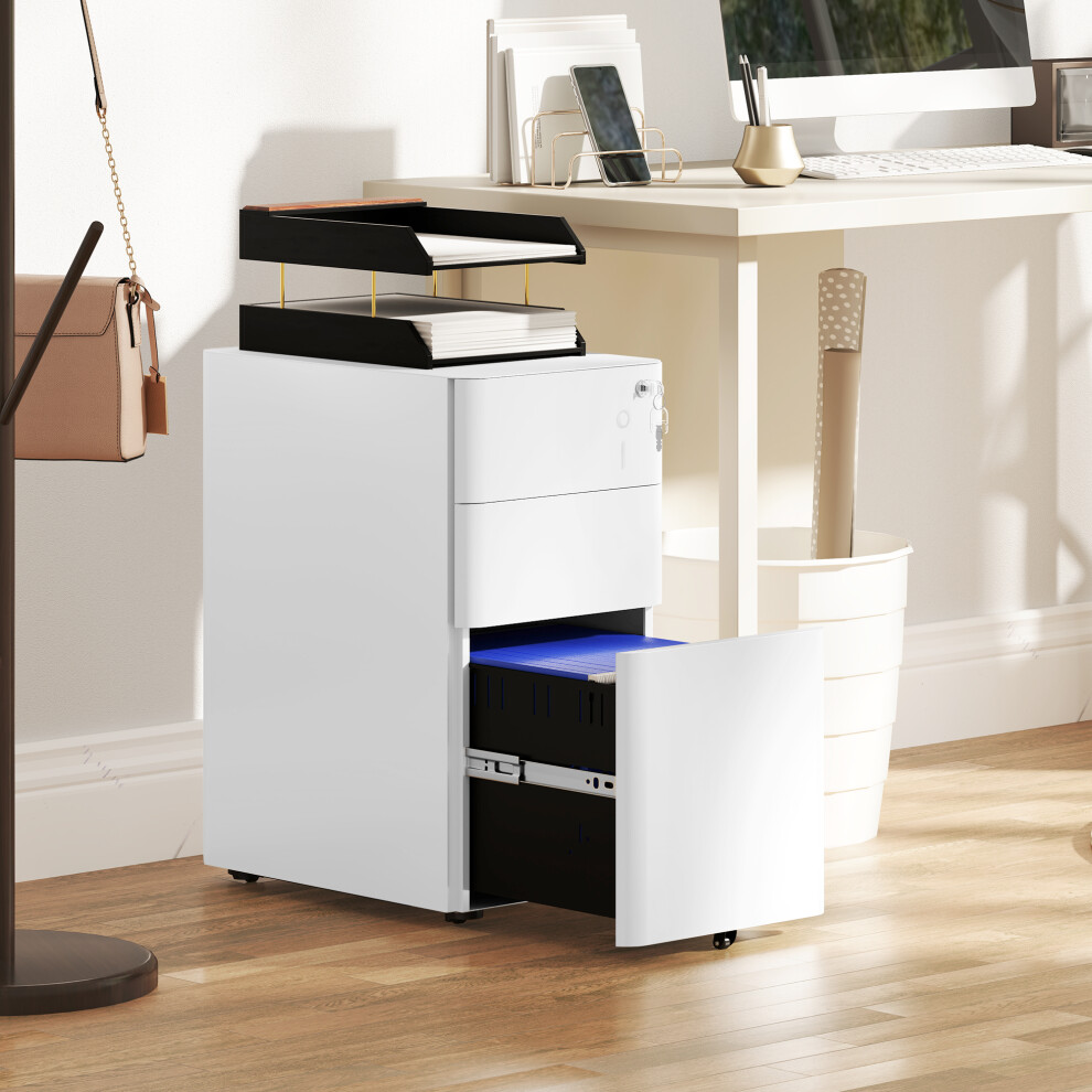 Vinsetto Steel Filing Cabinet with Lock and Wheels for Home Office, White