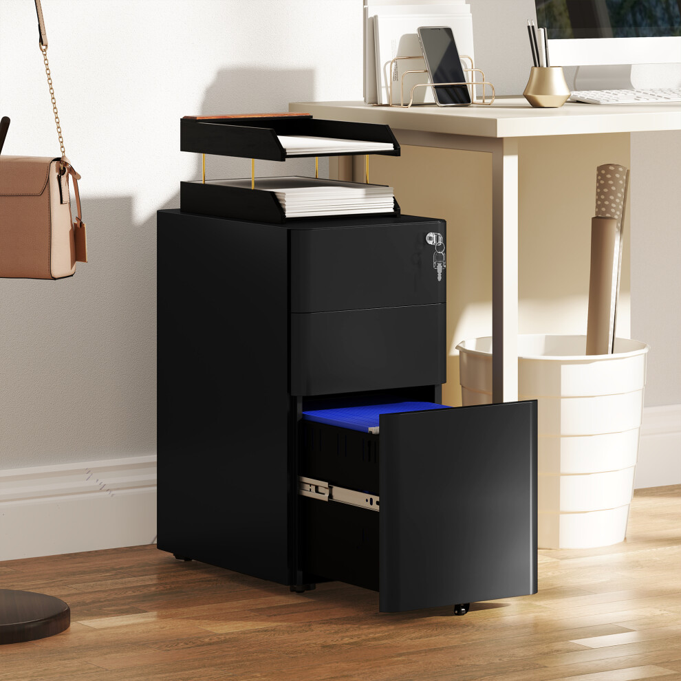 Vinsetto Steel Filing Cabinet with Lock and Wheels for Home Office, Black