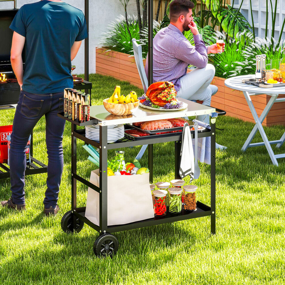 Outsunny BBQ Trolley with Stainless Steel Top, Movable Pizza Table, Black