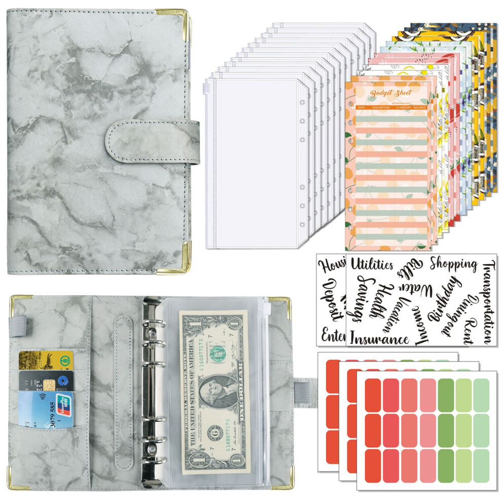 (gray) A6 Gradient Macaron Binder Hand Ledger Notebook Leather PU Loose-Leaf Book Cash Budget Book with Zip Bag