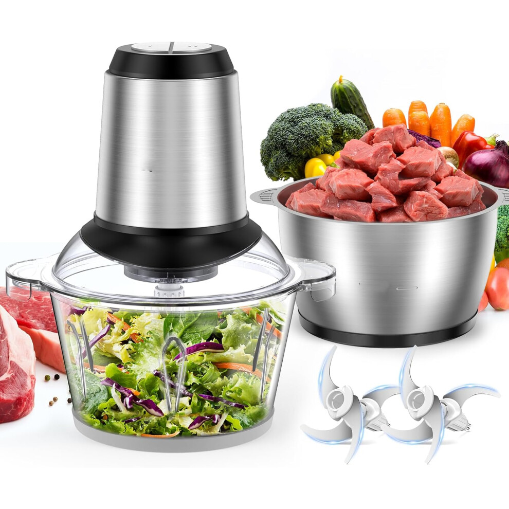 Food Processor with Dual Bowls, 2L Meat Grinder Set, 4 Stainless Steel Blades, 2-Speed Adjustable Food Chopper for Meat,
