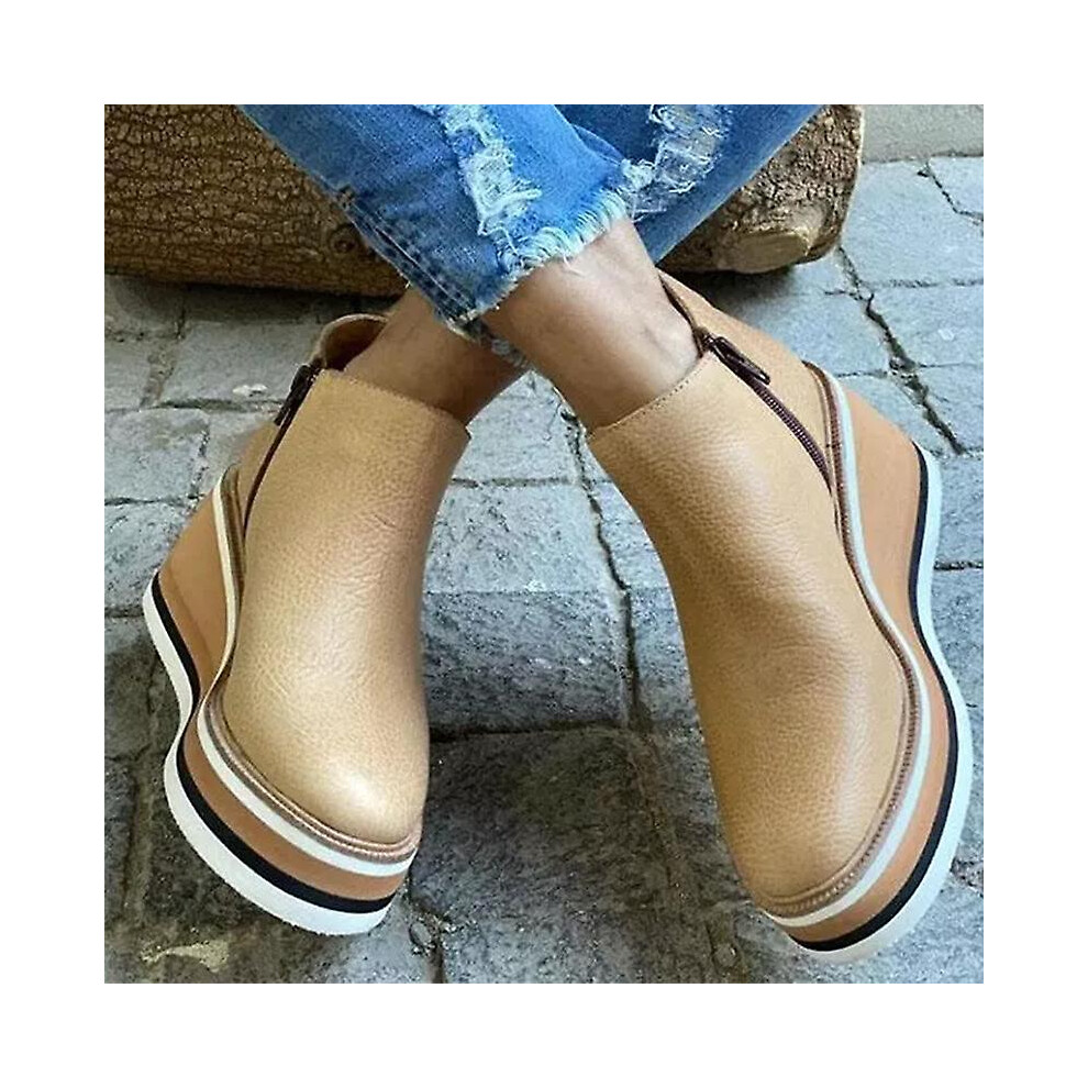 (, 42) Women's Premium Solid Colors Wedge Ankle Boots Round Toe Footwear Wedges Casual Shoes Fashionable Gold