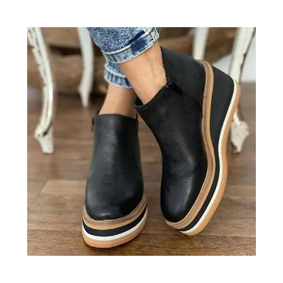 (, 43) Women's Premium Solid Colors Wedge Ankle Boots Round Toe Footwear Wedges Casual Shoes Fashionable Black