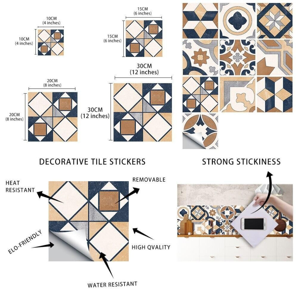 (10cmX10cmX10pcs) 10pcs Moroccan Vintage Pattern Frosted Tiles Wall Stickers Kitchen Bathroom Floor Wallpaper Wear-resistant Ground Wall Decals