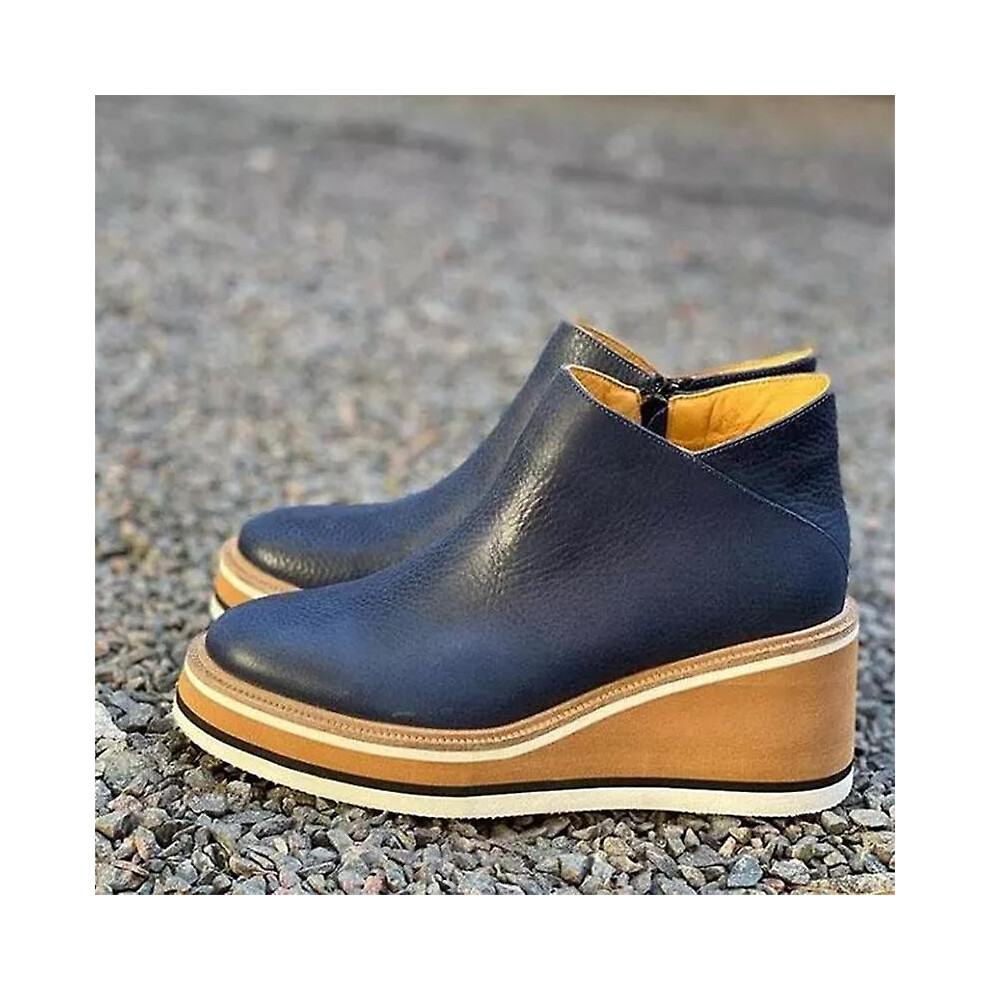 (Navy 43) Women's Premium Solid Colors Wedge Ankle Boots Round Toe Footwear Wedges Casual Shoes Fashionable Blue