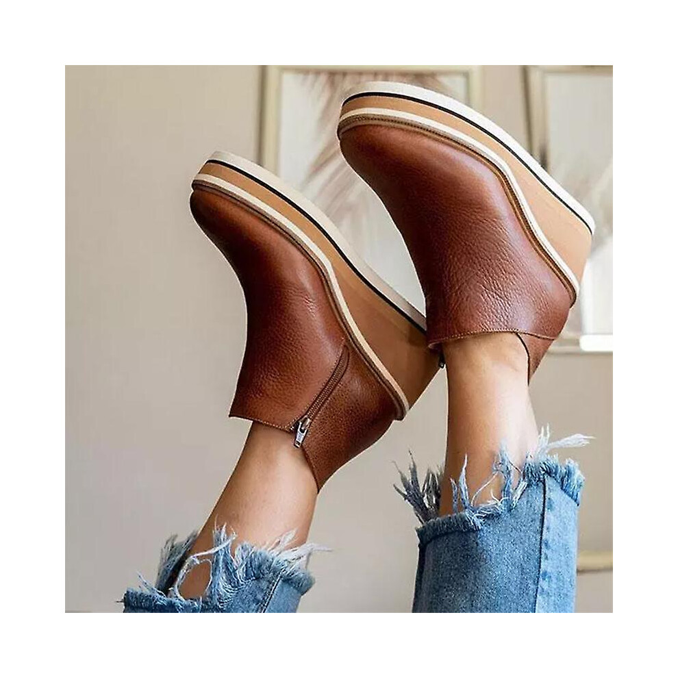 (, 43) Women's Premium Solid Colors Wedge Ankle Boots Round Toe Footwear Wedges Casual Shoes Fashionable Brown