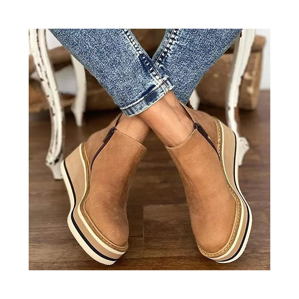 (Khaki, 43) Women's Premium Solid Colors Wedge Ankle Boots Round Toe Footwear Wedges Casual Shoes Fashionable