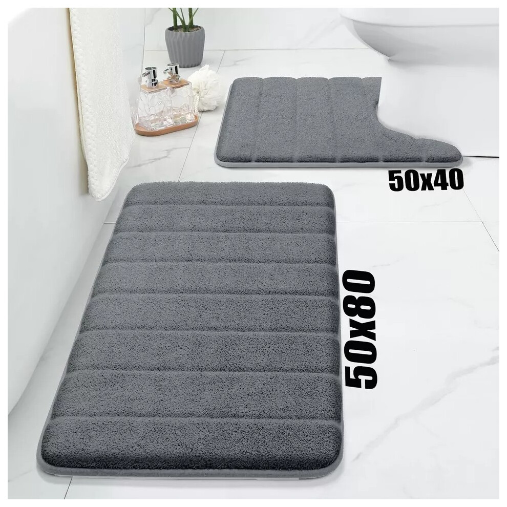 (Grey, 2Pcs Set (50x80cm,50x40cm Pedestal Mat)) Non Slip Bath Mats Shower Mat Memory Foam Bath Mat Small & Large Bathroom Rug-image-OPC-PG65BNF-NEW