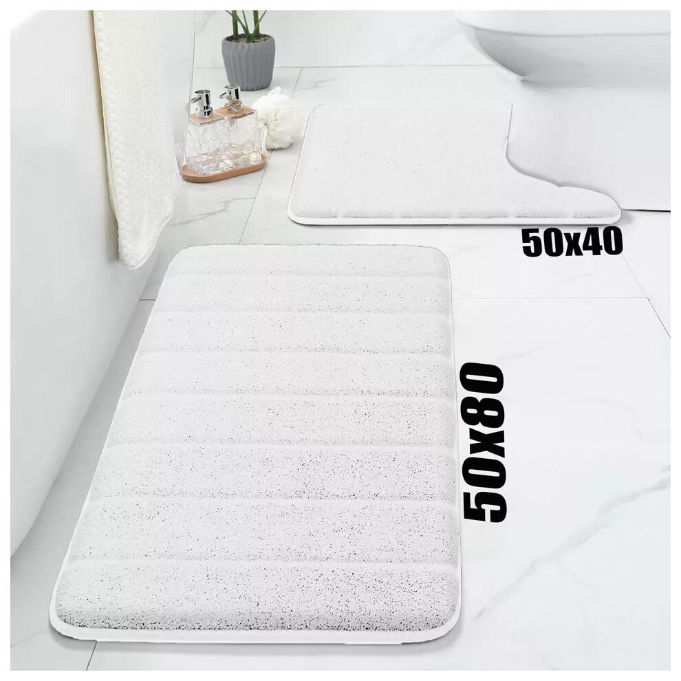 Photos - Bath Mat ) Non Slip  Shower Mat Memory Foam Bath Mat Small & Large Bathroom R(White, 2Pcs Set (50x80cm,50x40cm Pedestal Mat)
