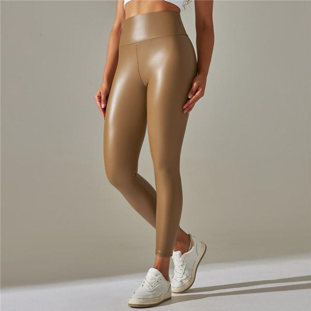 (light brown, 4XL) Plus Size Leggings Nessaj PU Leather Solid Black Leggings Women Sexy Pants Motorcycle Leather Pants