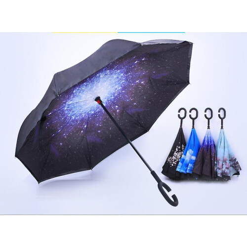 (starry night) C-handle Parasol Folding Rain Windproof Umbrella Double Layers Inverted Reverse