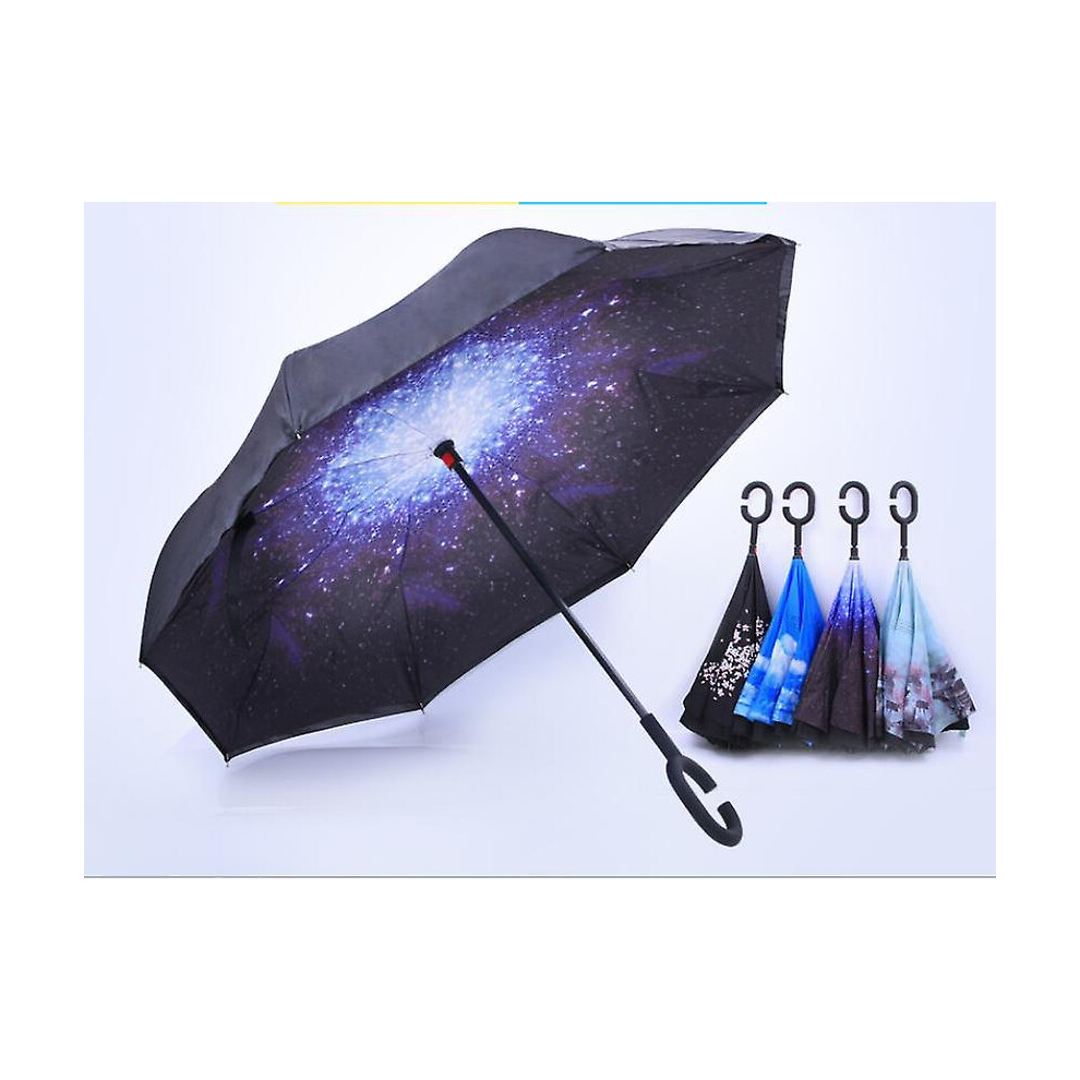(starry night) C-handle Parasol Folding Rain Windproof Umbrella Double Layers Inverted Reverse