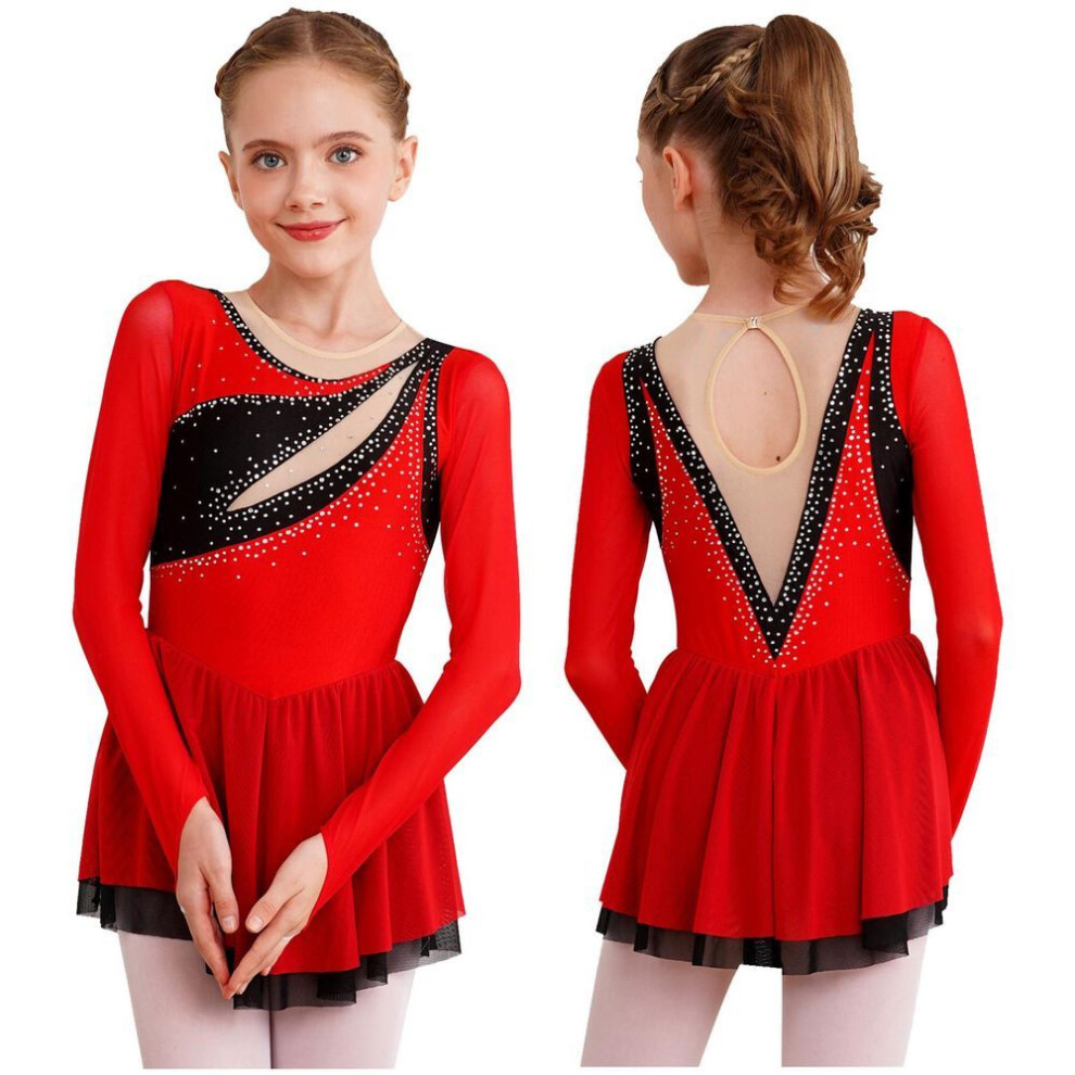 (red, 15-16 Years) Kids Girls Ballet Lyrical Dance Dress Rhythmic Gymnastics Leotard Dresses Long Sleeve Rhinestone Figure Skating Dancewear