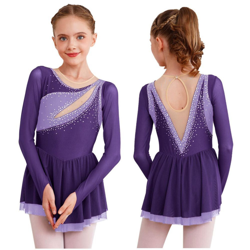 (purple, 13-14 Years) Kids Girls Ballet Lyrical Dance Dress Rhythmic Gymnastics Leotard Dresses Long Sleeve Rhinestone Figure Skating Dancewear