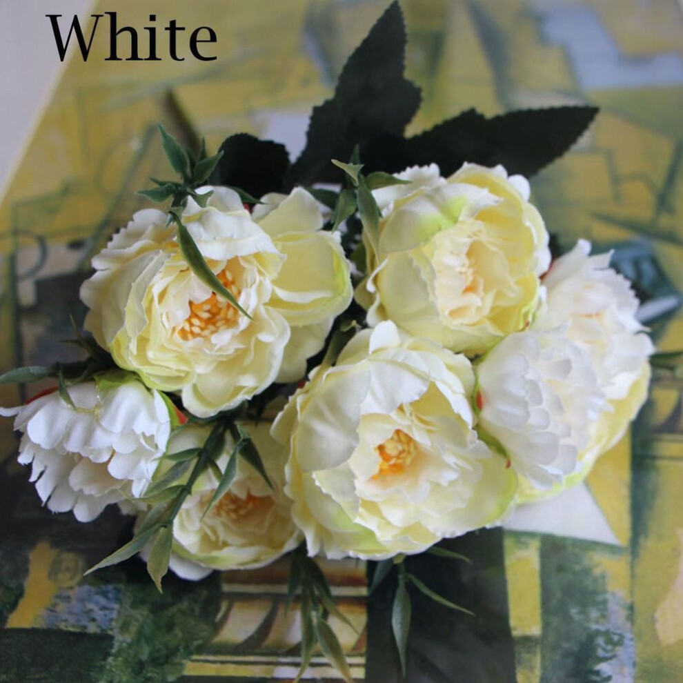 (white) 1 Bouquet European Pretty Bride Wedding Small Peony Silk Flowers Mini Fake Flowers For Home Decoration Indoor