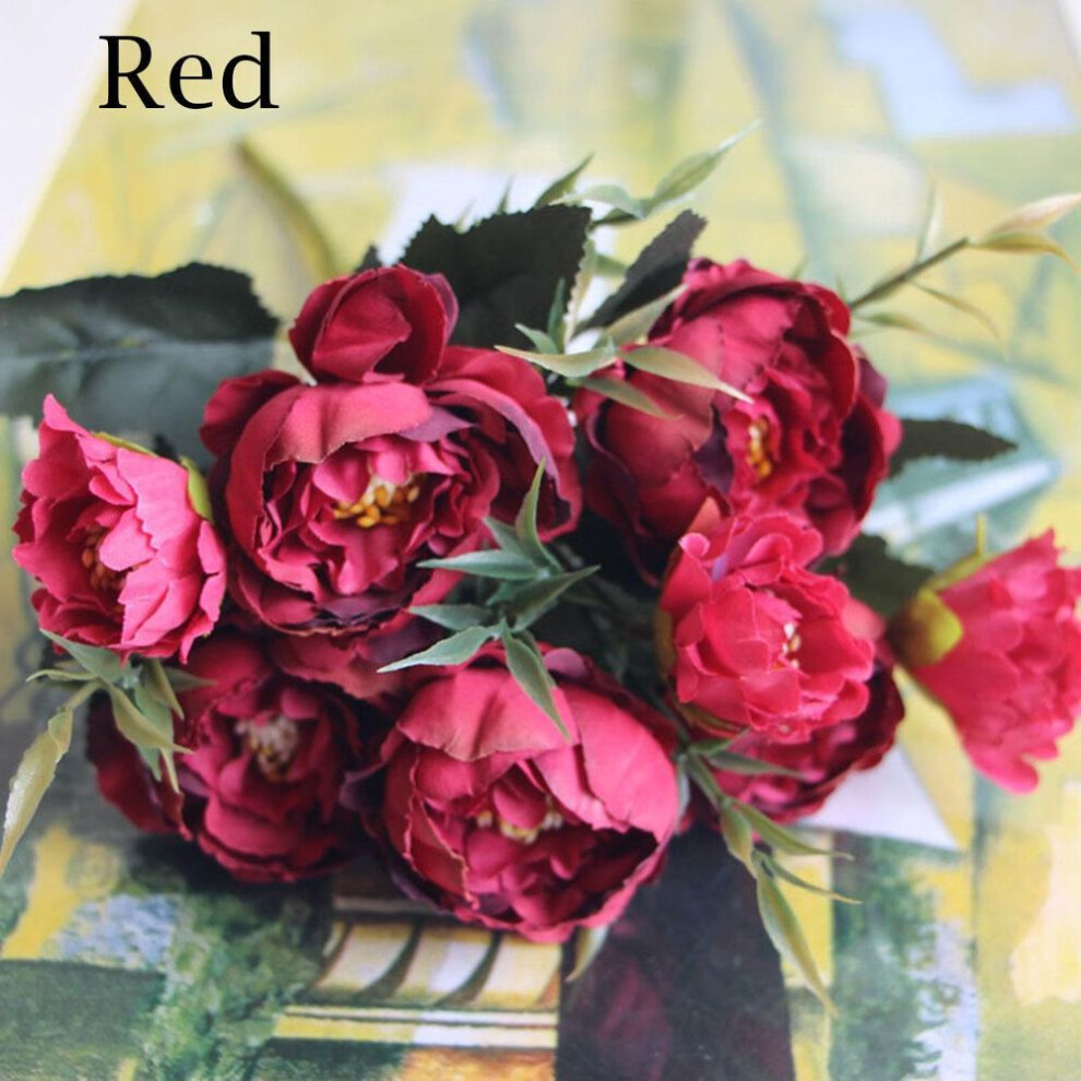 (red) 1 Bouquet European Pretty Bride Wedding Small Peony Silk Flowers Mini Fake Flowers For Home Decoration Indoor