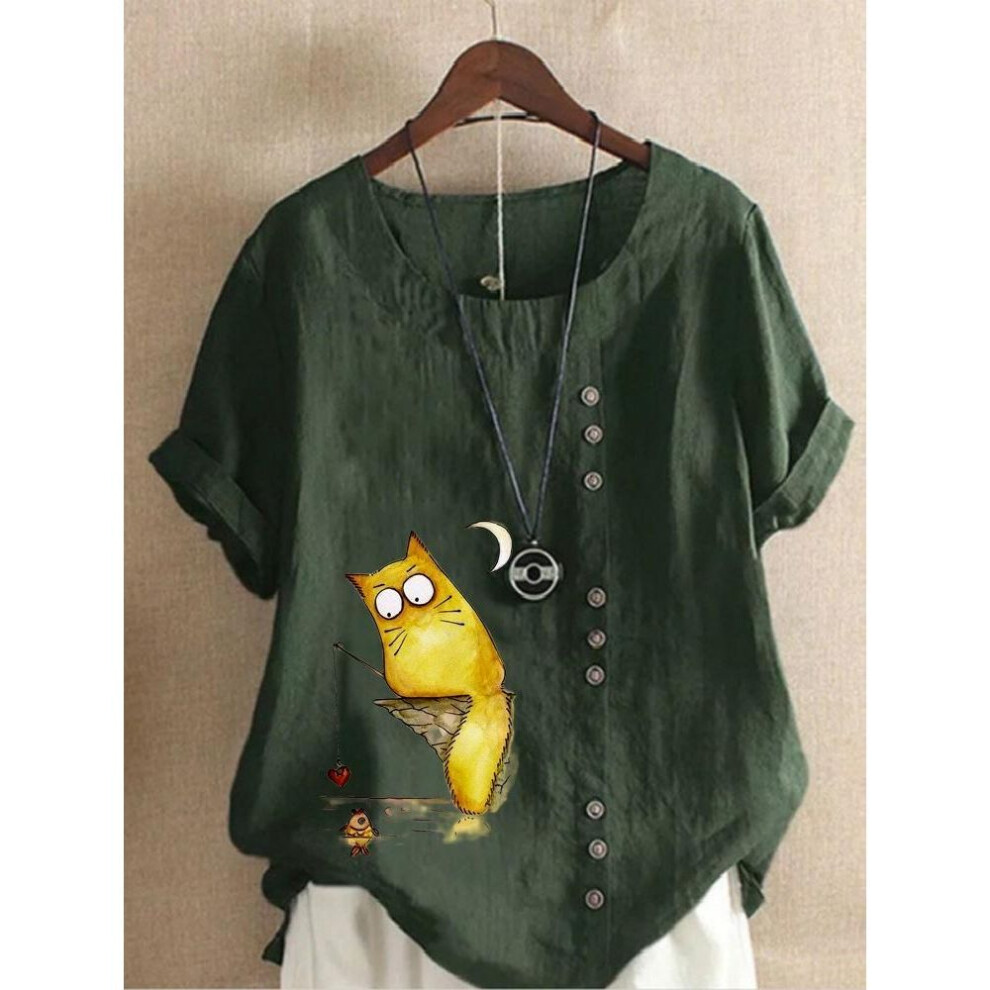 (L, army green) Women&apos;s Linen Shirt Round Neck Short Sleeve Cartoon Cats Printed T-shirt Summer Ladies Casual Plus Size Blouse Tops