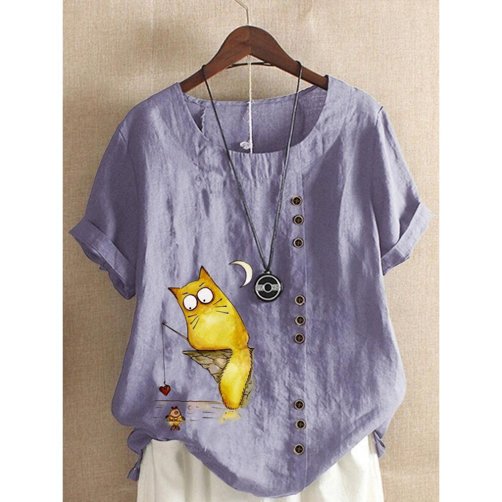 (3XL, dark purple) Women's Linen Shirt Round Neck Short Sleeve Cartoon Cats Printed T-shirt Summer Ladies Casual Plus Size Blouse Tops