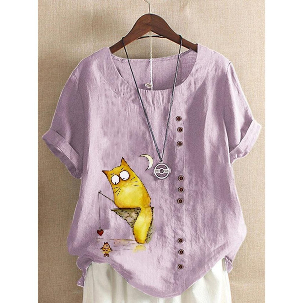 (4XL, light purple) Women's Linen Shirt Round Neck Short Sleeve Cartoon Cats Printed T-shirt Summer Ladies Casual Plus Size Blouse Tops